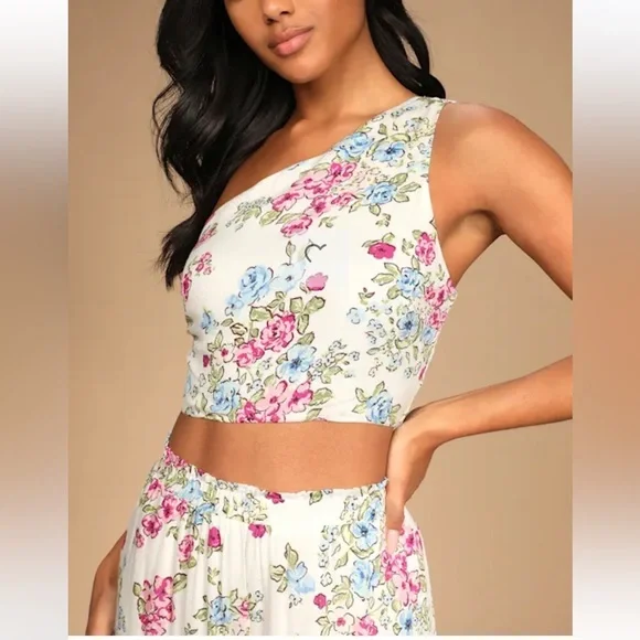 Lulus | Florally Dreamy Ivory Floral One-Shoulder Two-Piece Jumpsuit Small - Picture 3 of 8